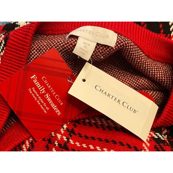NWT CHARTER CLUB Mens XL Crew Neck Sweater Red Plaid Holiday Christmas Pullover - Picture 7 of 8